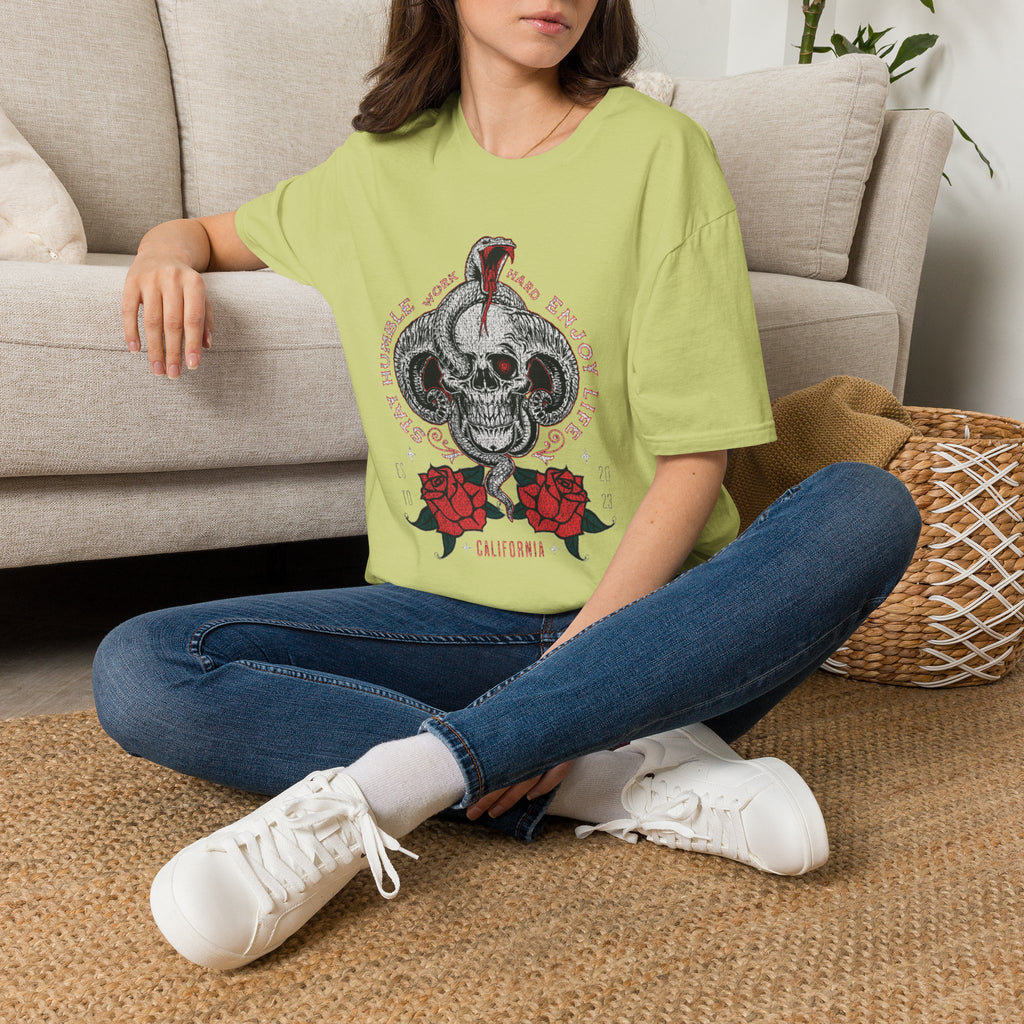 Skull and Cobra Illustration T-Shirt | Rose Accents, Vintage Tattoo Style