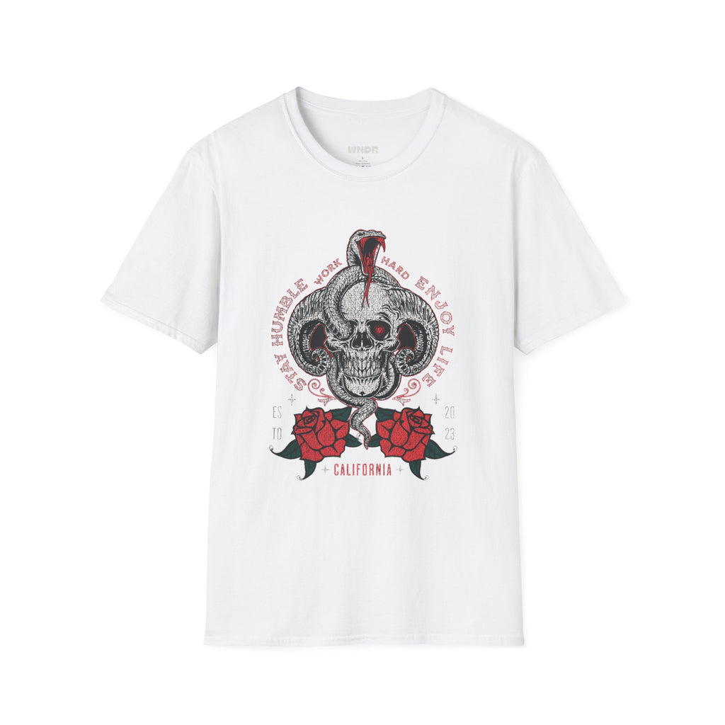 Skull and Cobra Illustration T-Shirt | Rose Accents, Vintage Tattoo Style