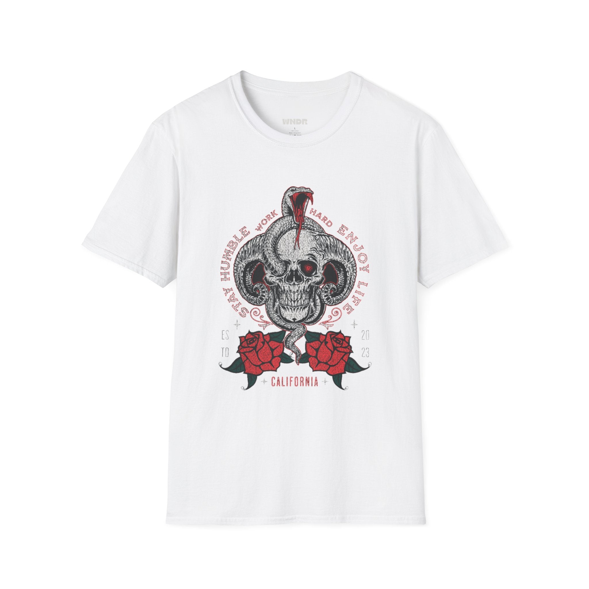 Skull and Cobra Illustration T-Shirt | Rose Accents, Vintage Tattoo Style