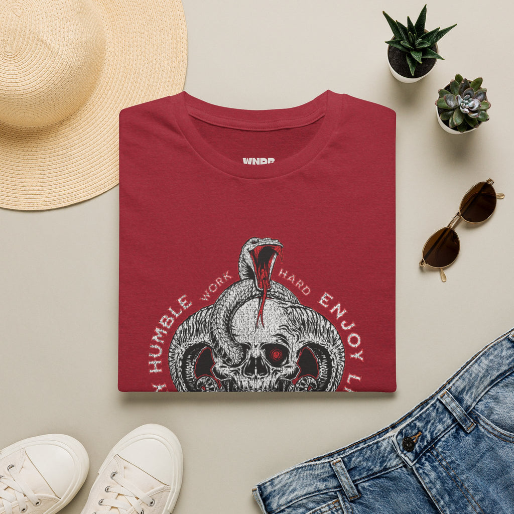 Skull and Cobra Illustration T-Shirt | Rose Accents, Vintage Tattoo Style