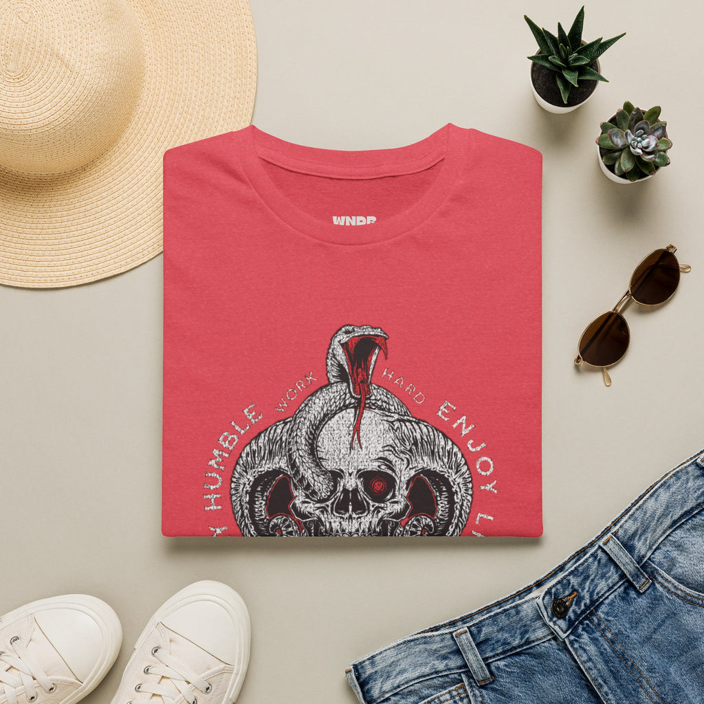 Skull and Cobra Illustration T-Shirt | Rose Accents, Vintage Tattoo Style