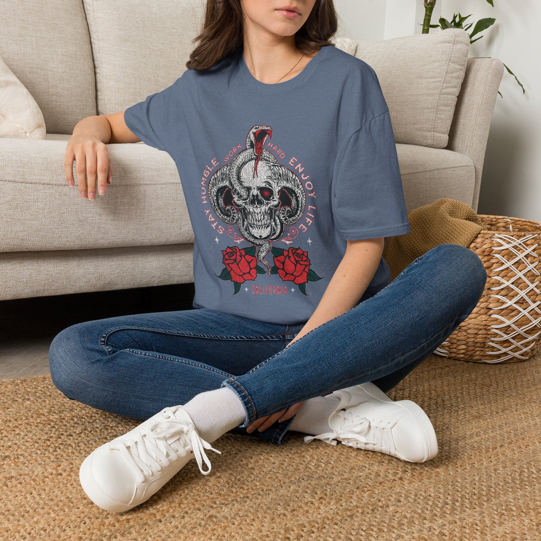 Skull and Cobra Illustration T-Shirt | Rose Accents, Vintage Tattoo Style