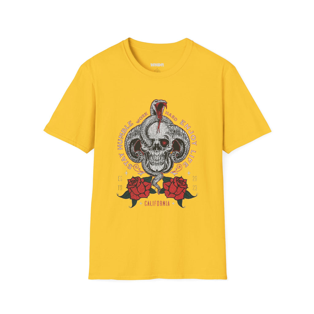 Skull and Cobra Illustration T-Shirt | Rose Accents, Vintage Tattoo Style
