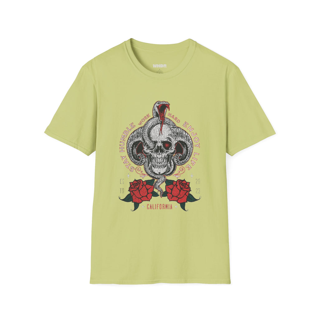 Skull and Cobra Illustration T-Shirt | Rose Accents, Vintage Tattoo Style