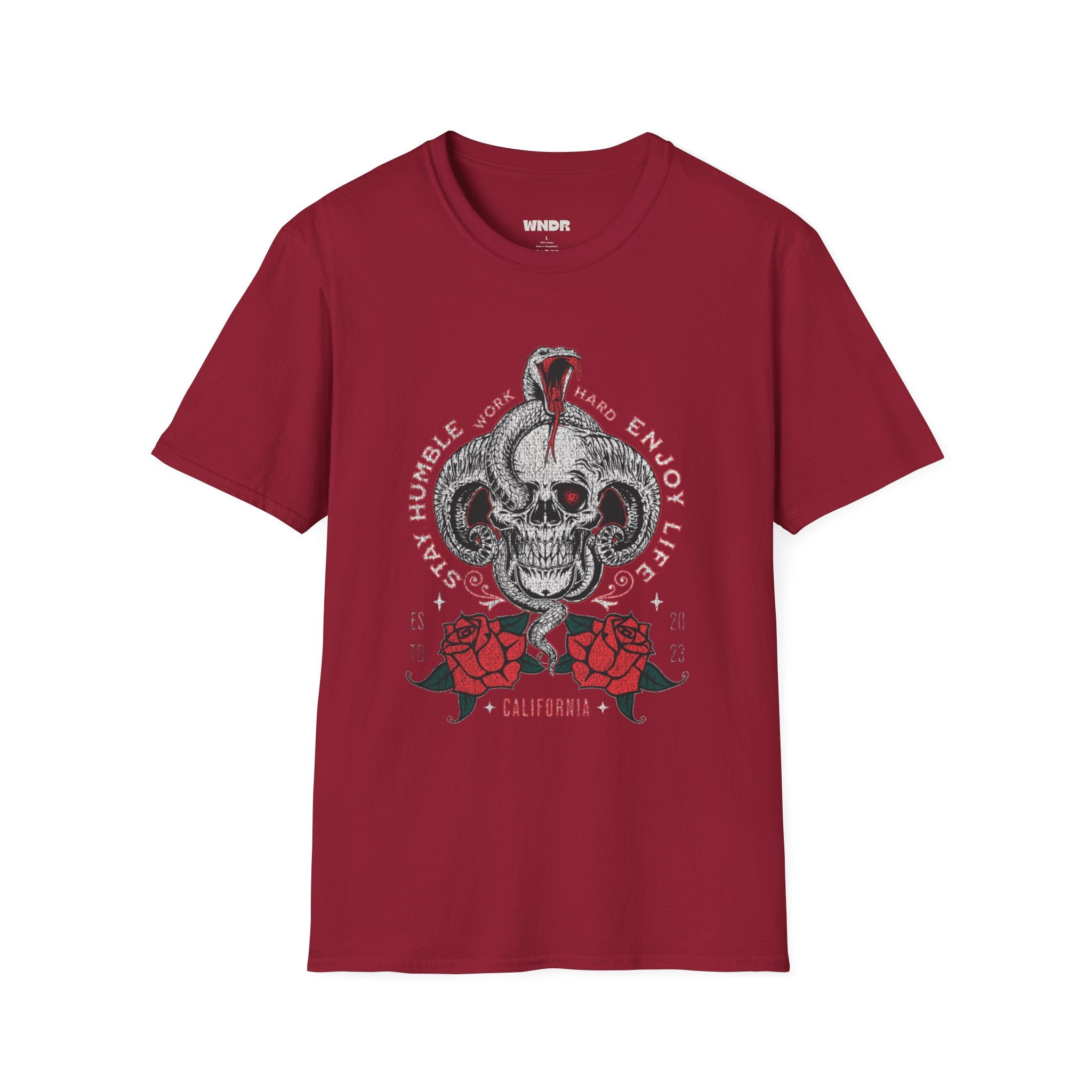 Skull and Cobra Illustration T-Shirt | Rose Accents, Vintage Tattoo Style