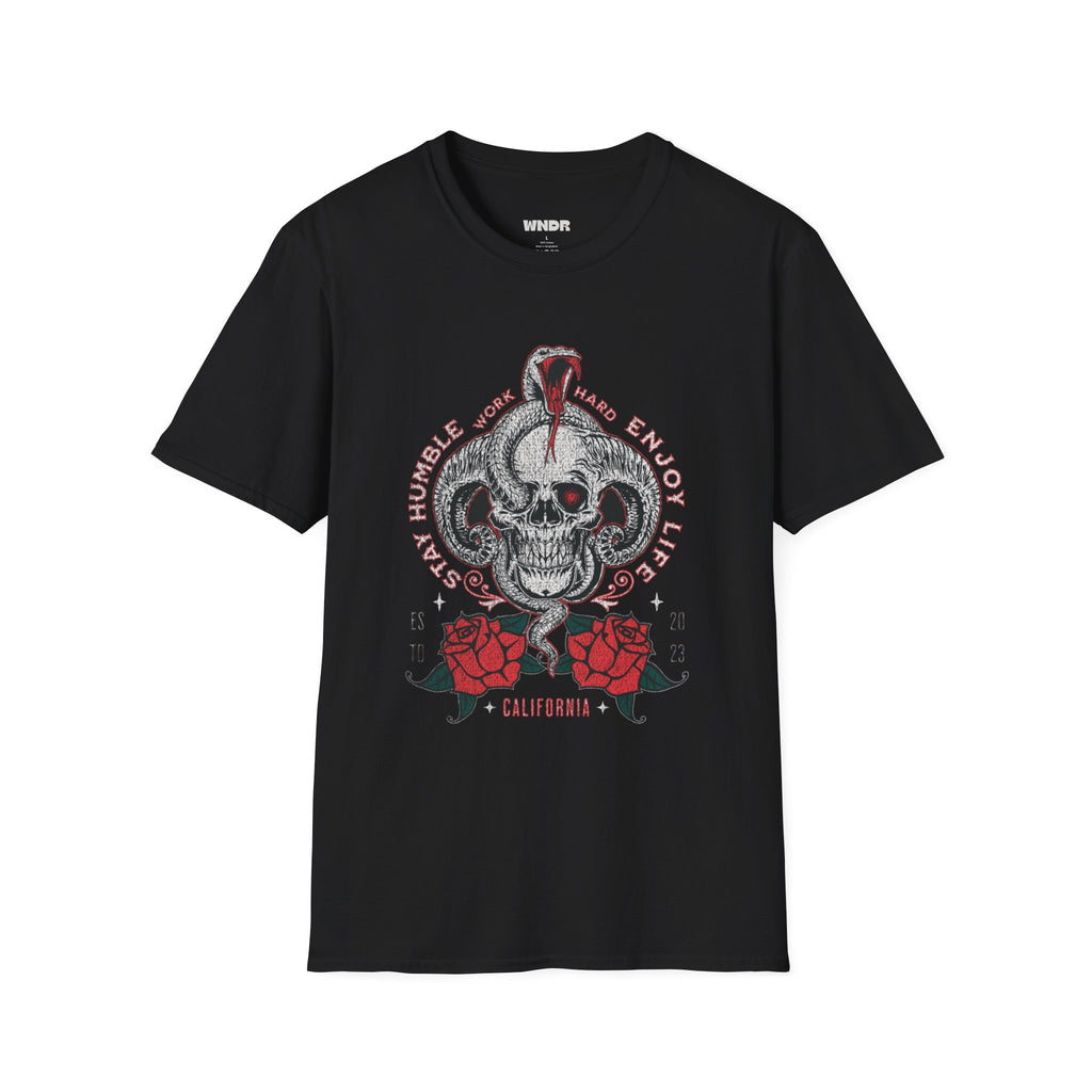 Skull and Cobra Illustration T-Shirt | Rose Accents, Vintage Tattoo Style