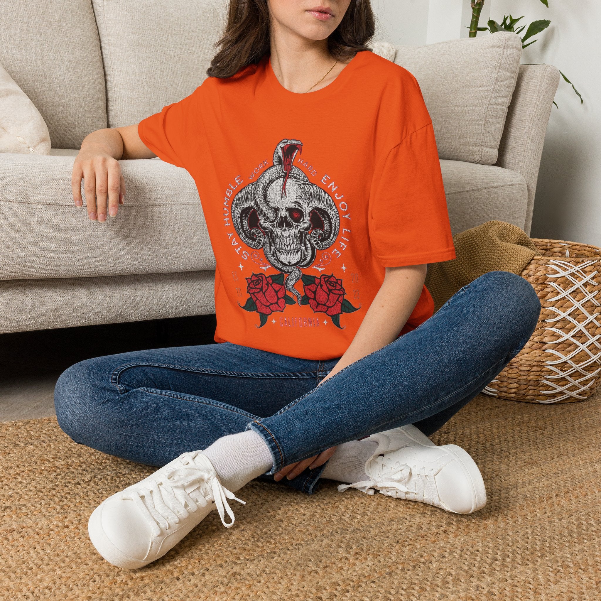 Skull and Cobra Illustration T-Shirt | Rose Accents, Vintage Tattoo Style