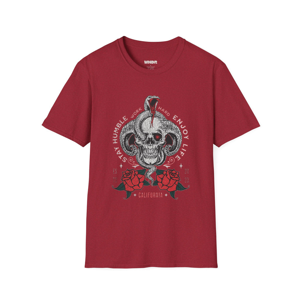 Skull and Cobra Illustration T-Shirt | Rose Accents, Vintage Tattoo Style