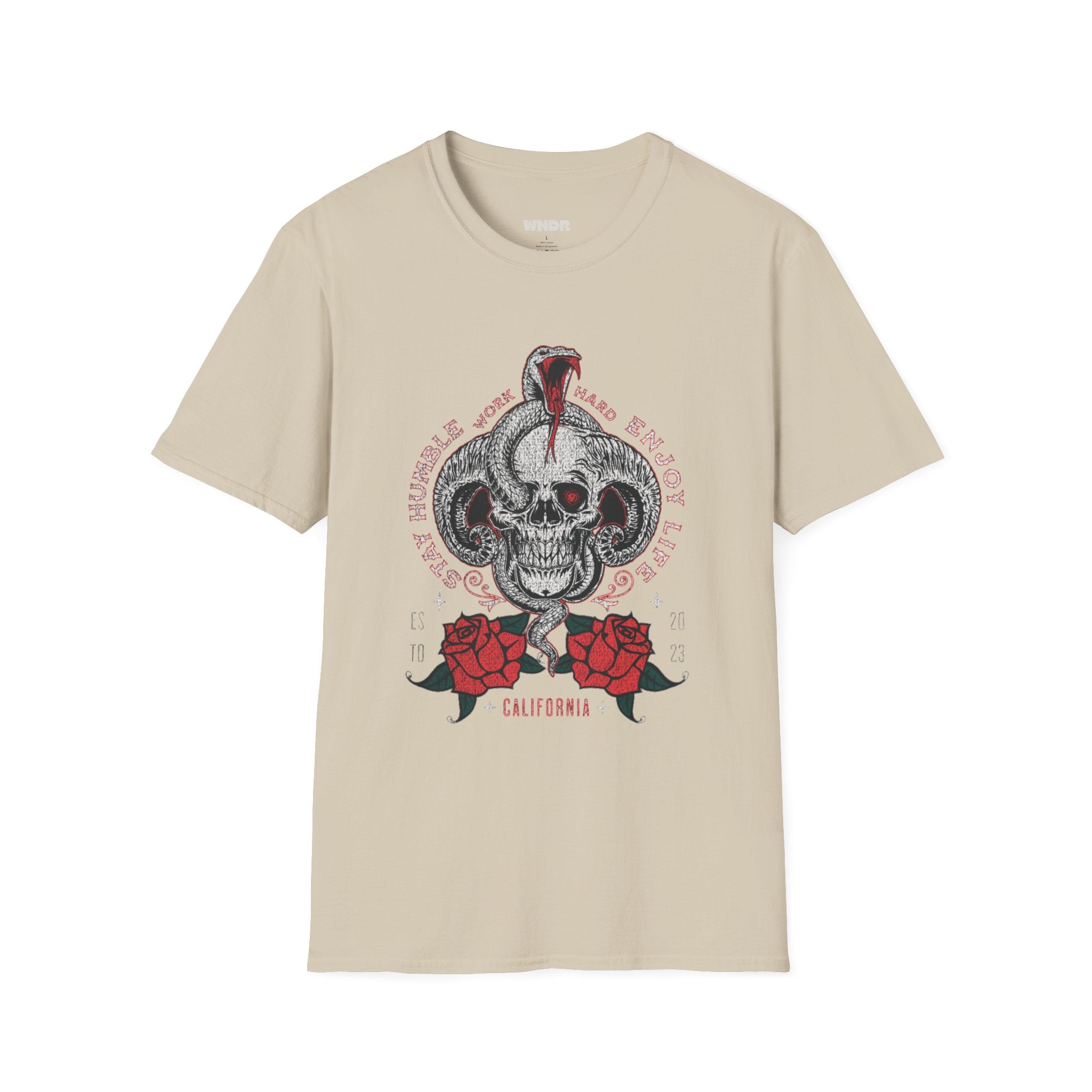 Skull and Cobra Illustration T-Shirt | Rose Accents, Vintage Tattoo Style