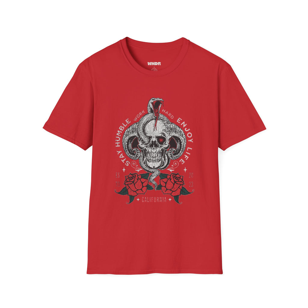 Skull and Cobra Illustration T-Shirt | Rose Accents, Vintage Tattoo Style