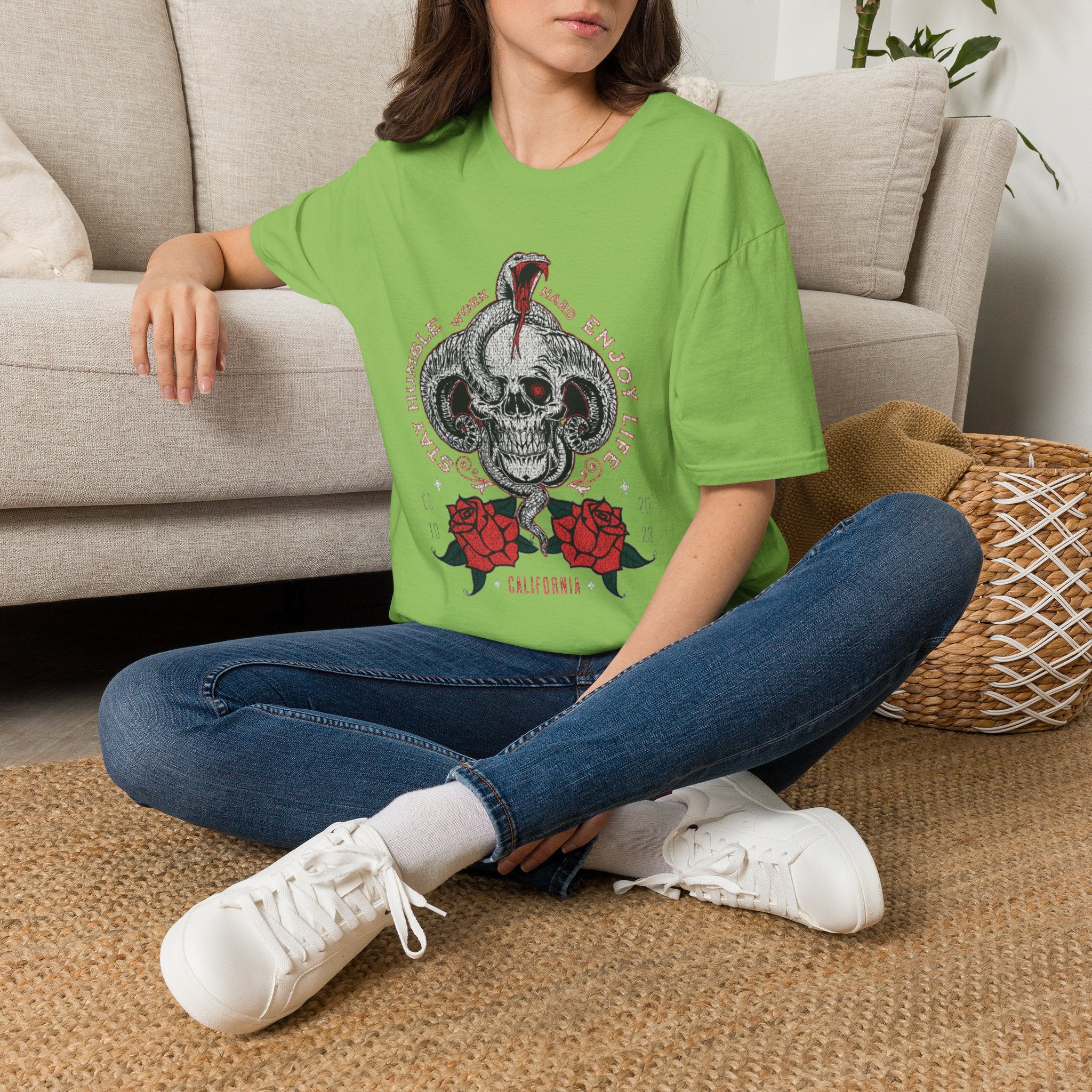Skull and Cobra Illustration T-Shirt | Rose Accents, Vintage Tattoo Style