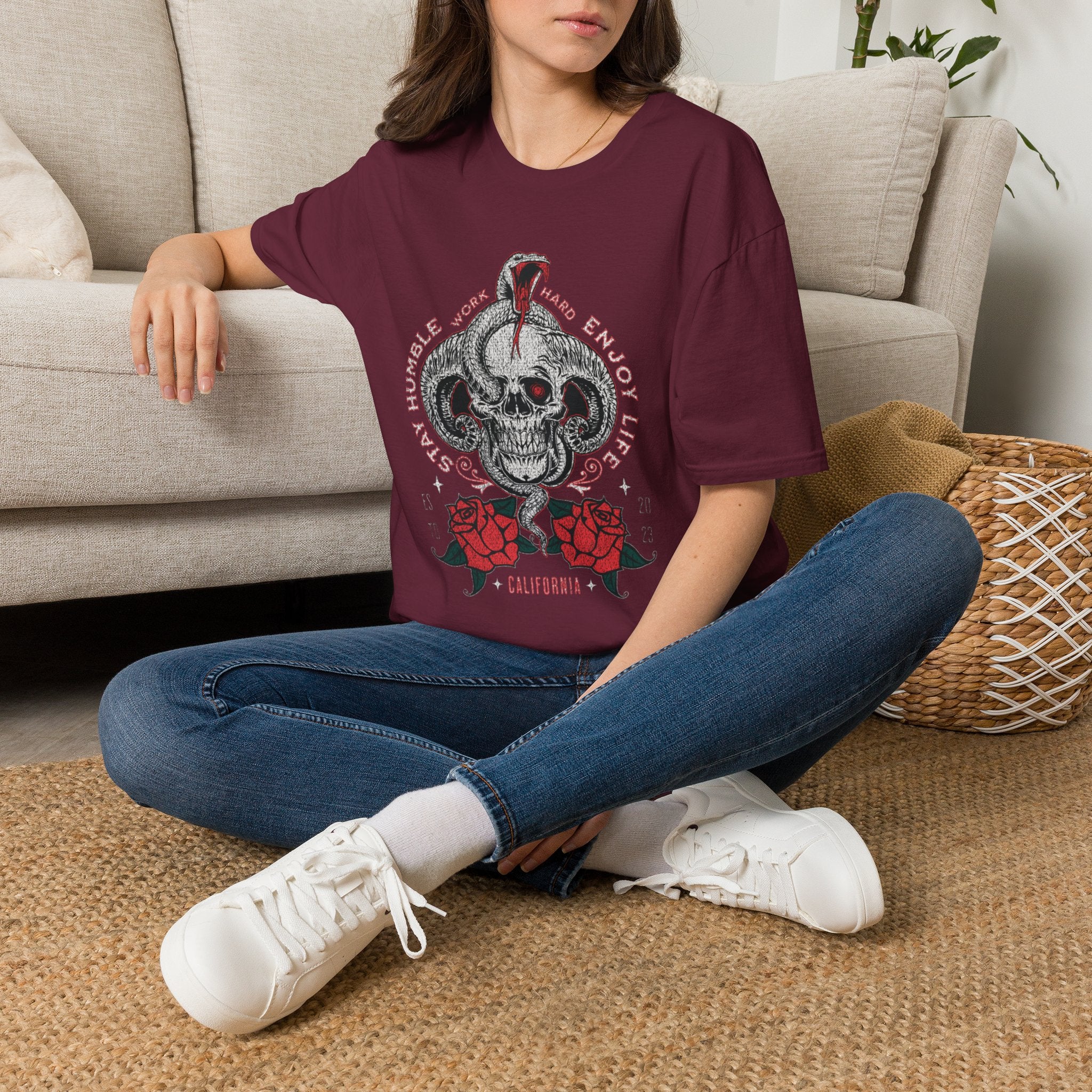 Skull and Cobra Illustration T-Shirt | Rose Accents, Vintage Tattoo Style