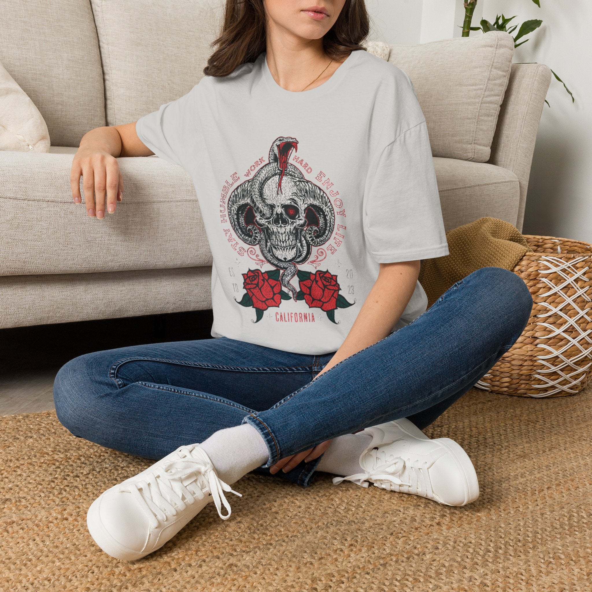 Skull and Cobra Illustration T-Shirt | Rose Accents, Vintage Tattoo Style