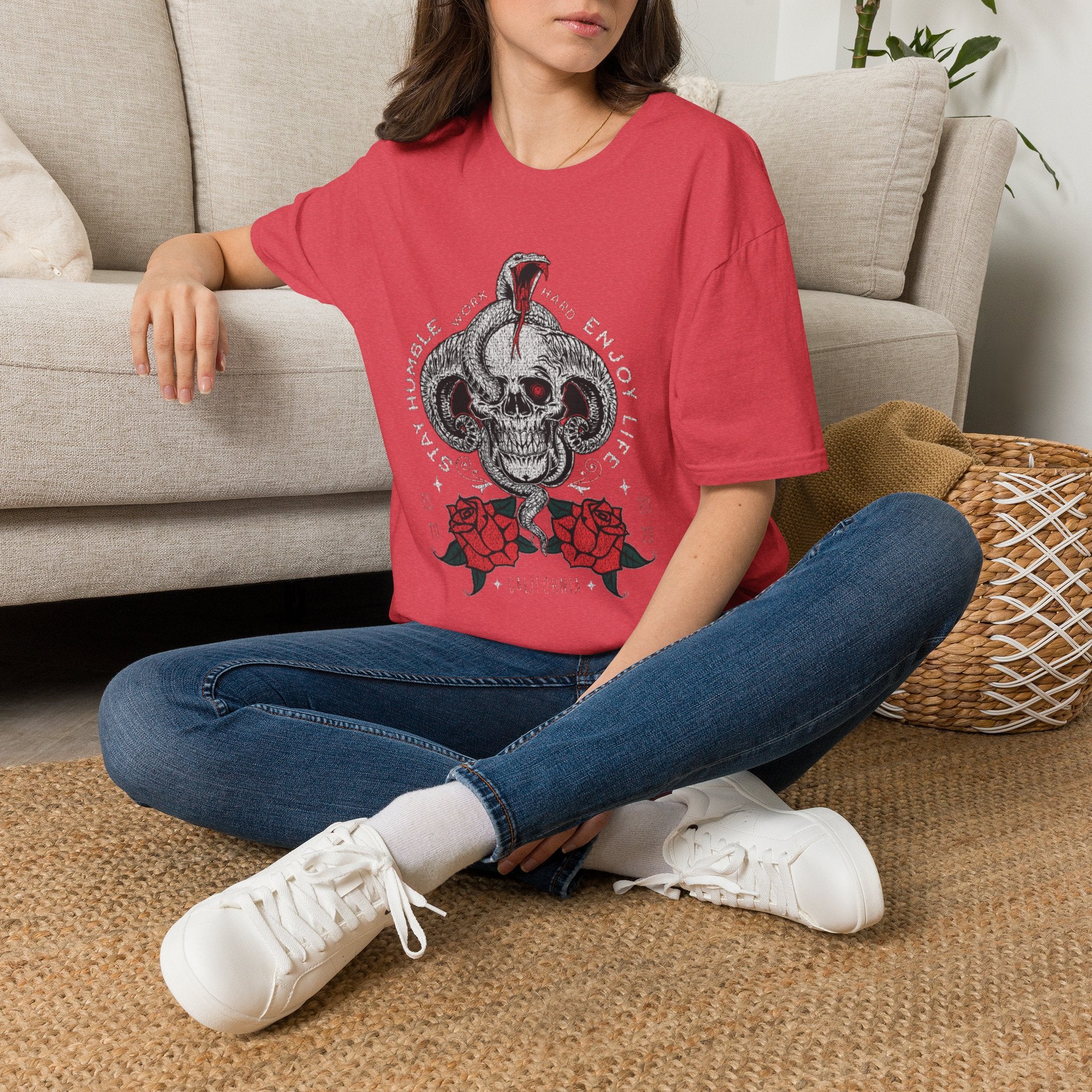 Skull and Cobra Illustration T-Shirt | Rose Accents, Vintage Tattoo Style