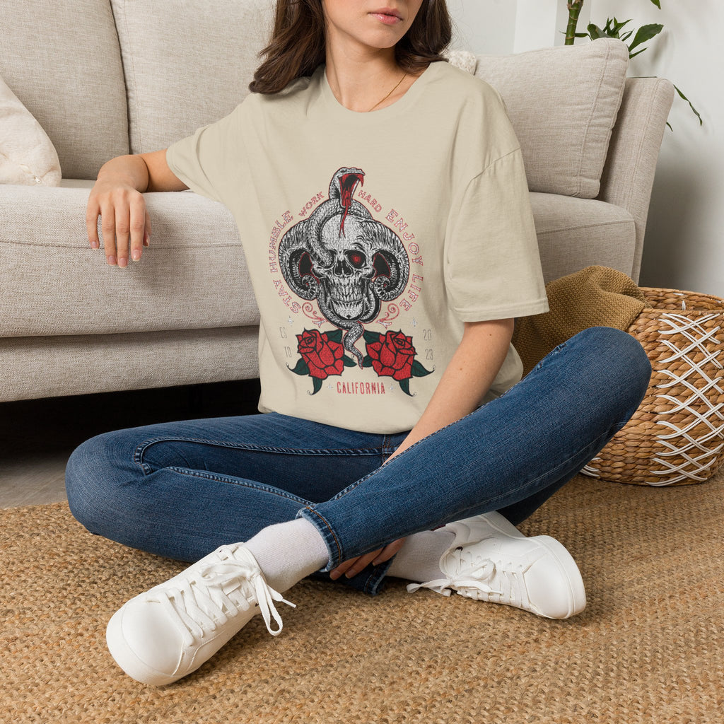 Skull and Cobra Illustration T-Shirt | Rose Accents, Vintage Tattoo Style