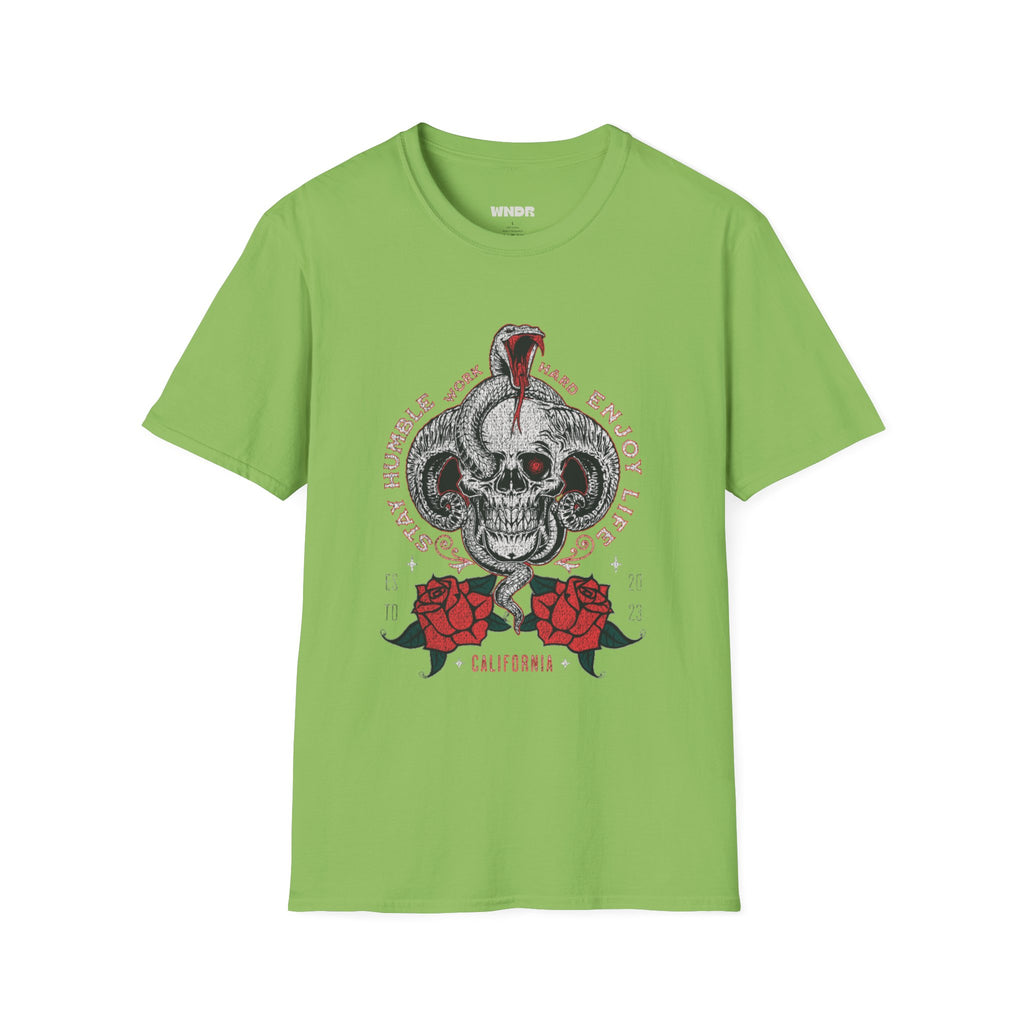 Skull and Cobra Illustration T-Shirt | Rose Accents, Vintage Tattoo Style