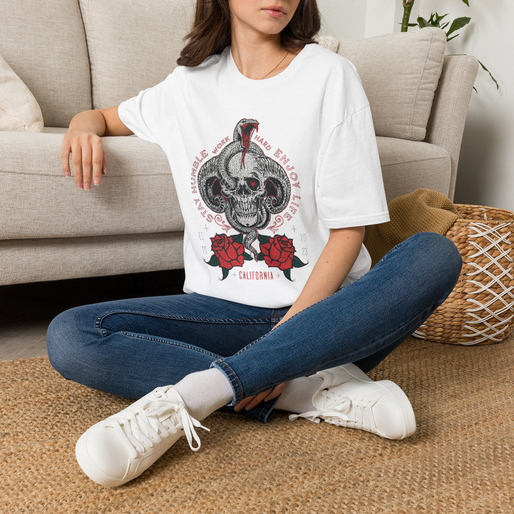 Skull and Cobra Illustration T-Shirt | Rose Accents, Vintage Tattoo Style