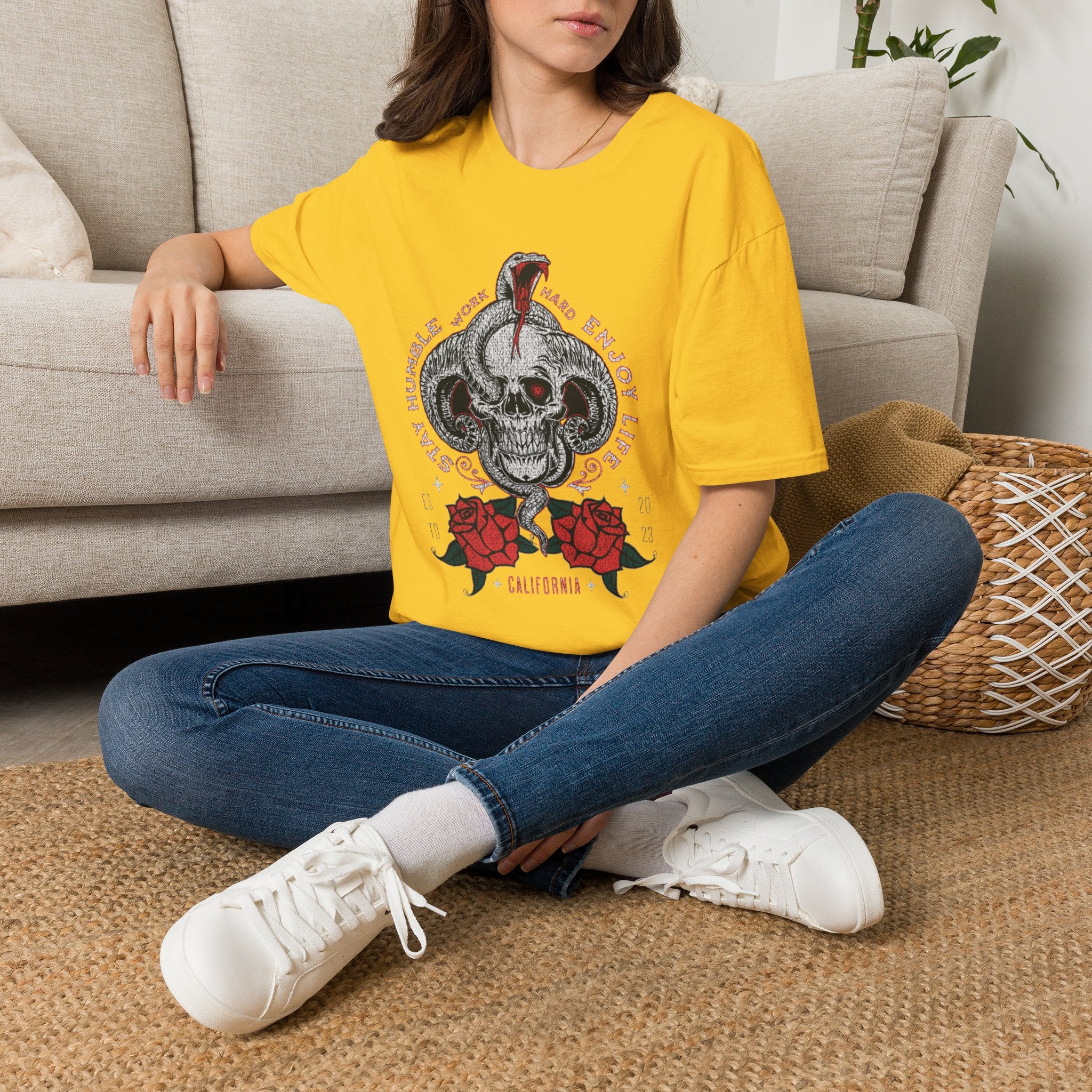 Skull and Cobra Illustration T-Shirt | Rose Accents, Vintage Tattoo Style