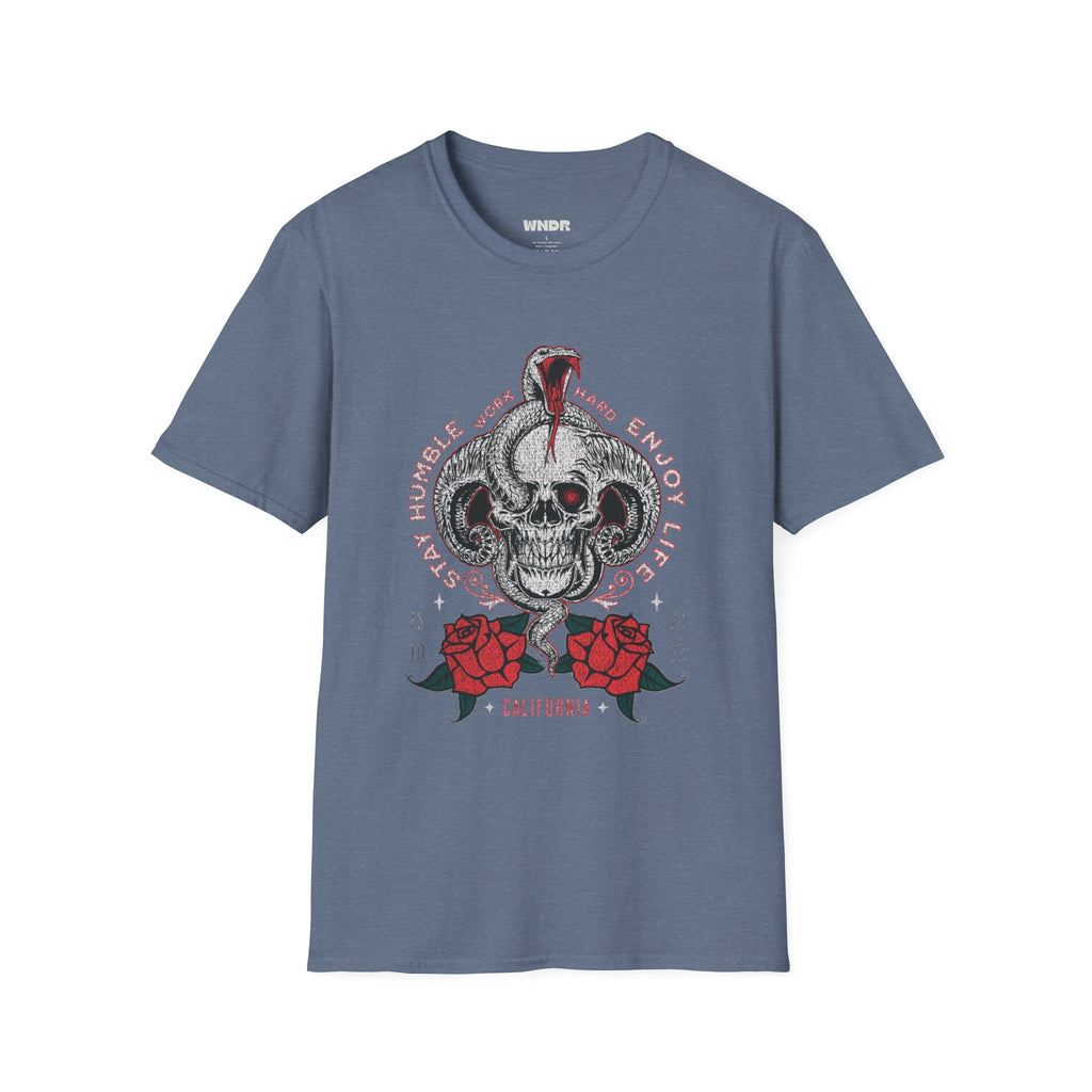 Skull and Cobra Illustration T-Shirt | Rose Accents, Vintage Tattoo Style