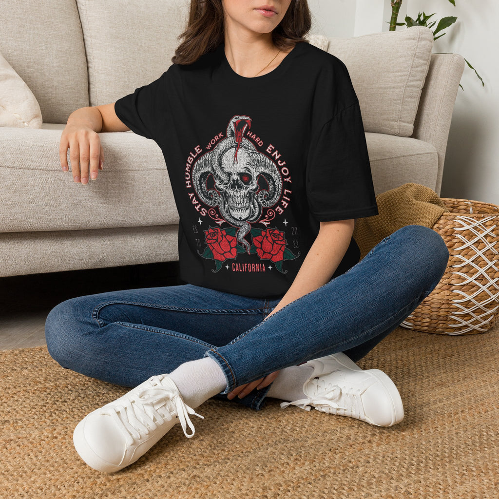 Skull and Cobra Illustration T-Shirt | Rose Accents, Vintage Tattoo Style
