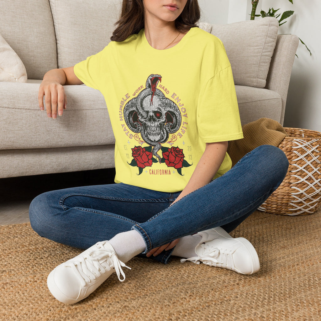Skull and Cobra Illustration T-Shirt | Rose Accents, Vintage Tattoo Style