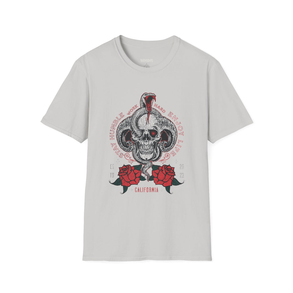 Skull and Cobra Illustration T-Shirt | Rose Accents, Vintage Tattoo Style