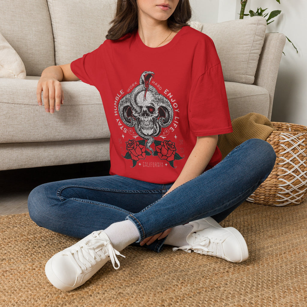 Skull and Cobra Illustration T-Shirt | Rose Accents, Vintage Tattoo Style