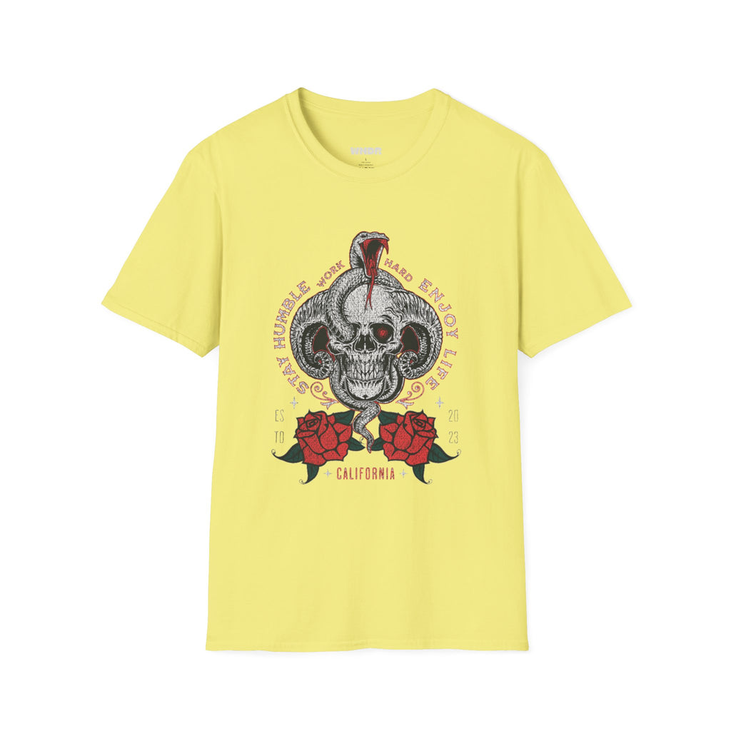 Skull and Cobra Illustration T-Shirt | Rose Accents, Vintage Tattoo Style