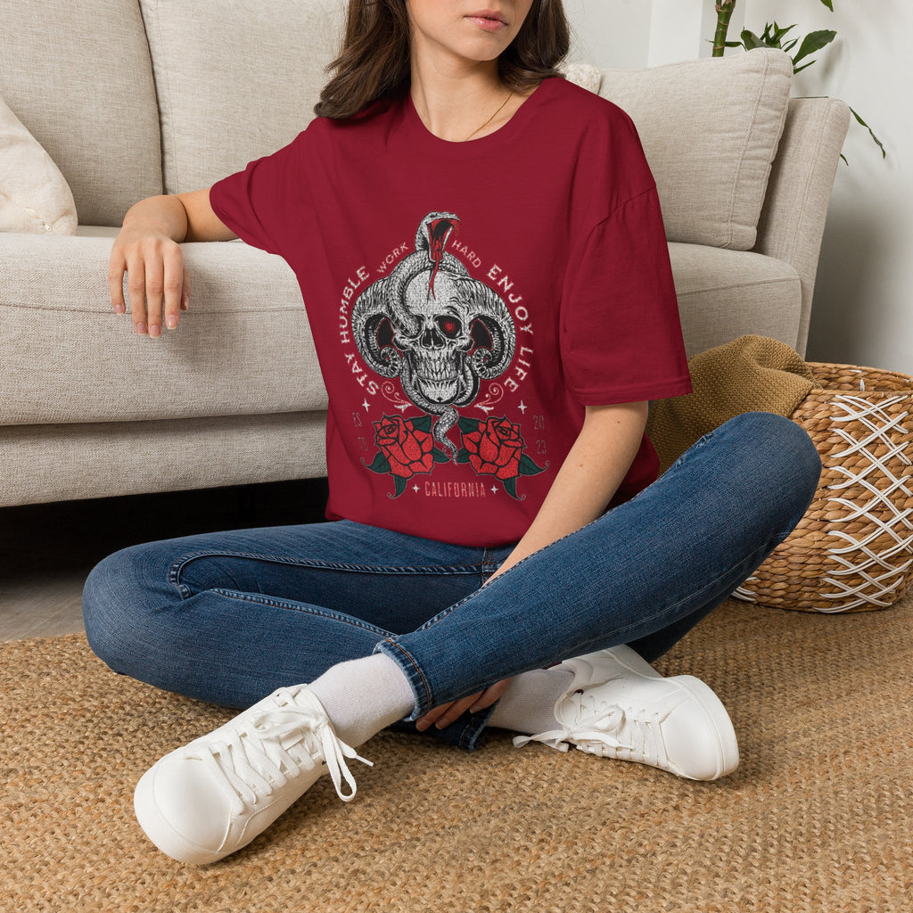 Skull and Cobra Illustration T-Shirt | Rose Accents, Vintage Tattoo Style