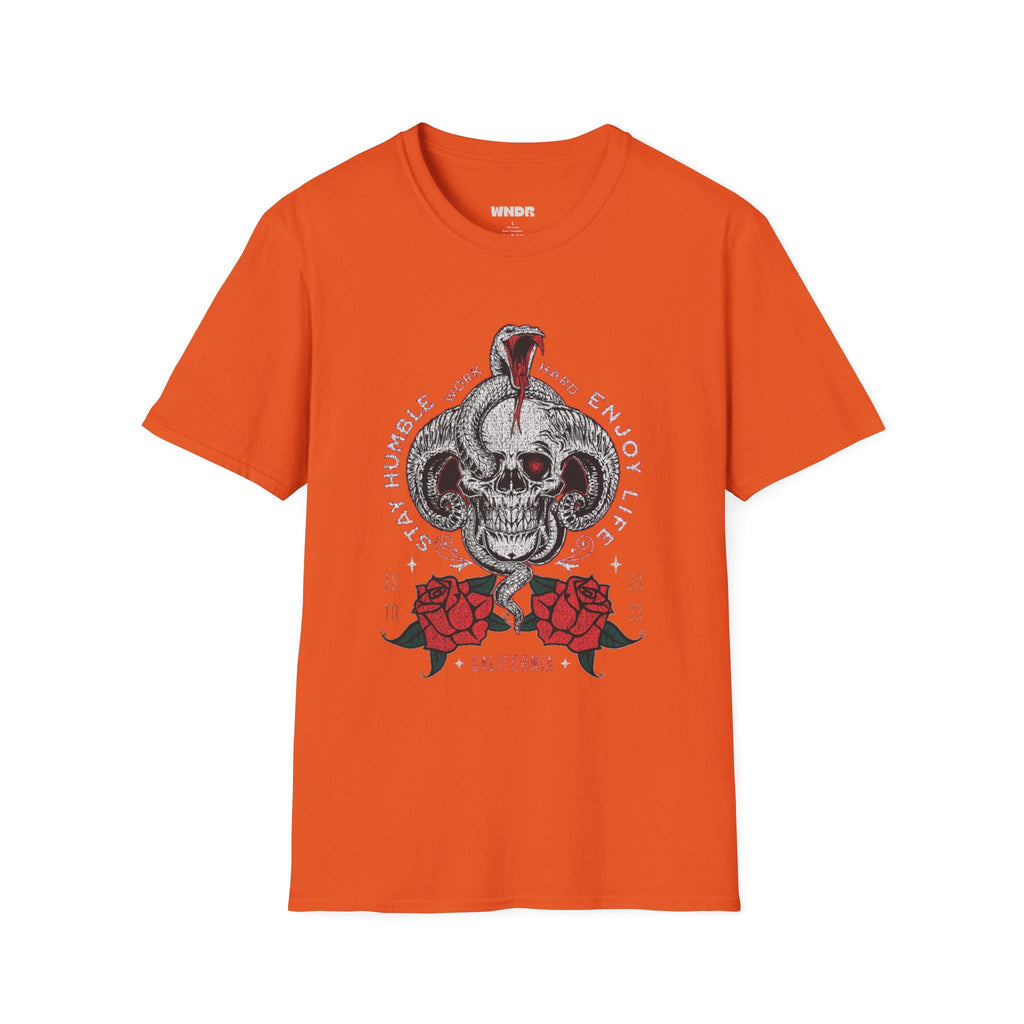 Skull and Cobra Illustration T-Shirt | Rose Accents, Vintage Tattoo Style