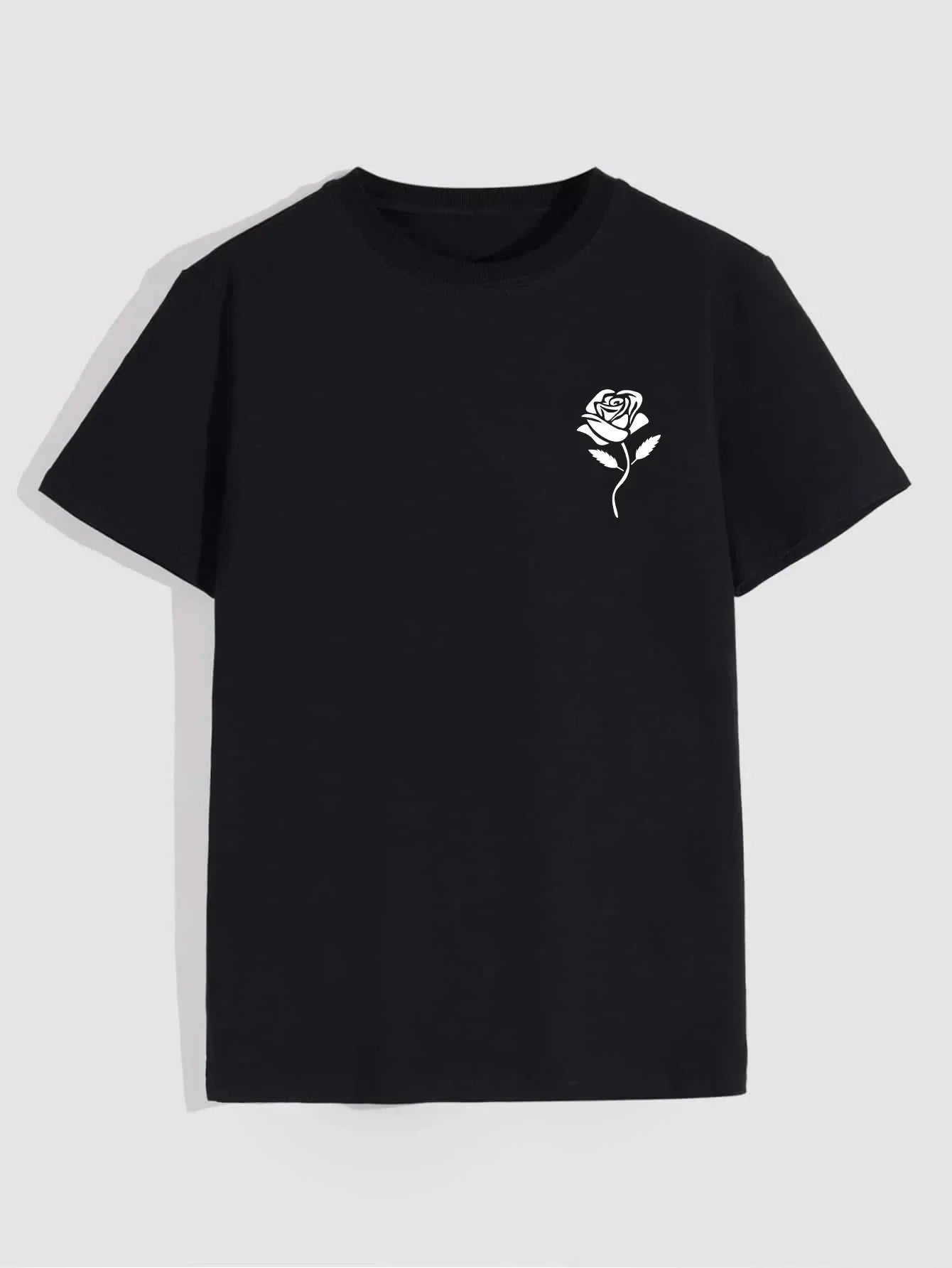 Men's Casual Crew Neck Rose Print T-Shirt (Regular/Oversize)
