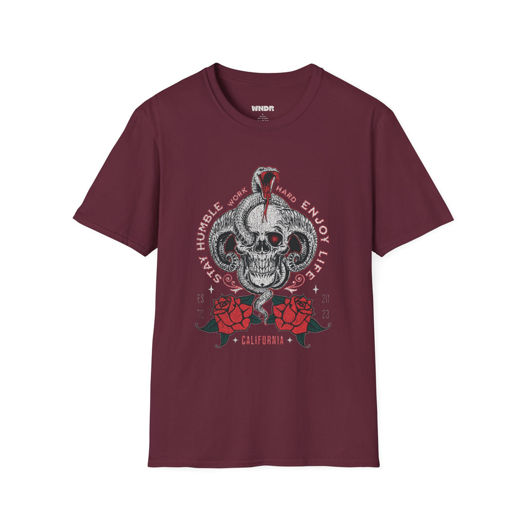 Skull and Cobra Illustration T-Shirt | Rose Accents, Vintage Tattoo Style