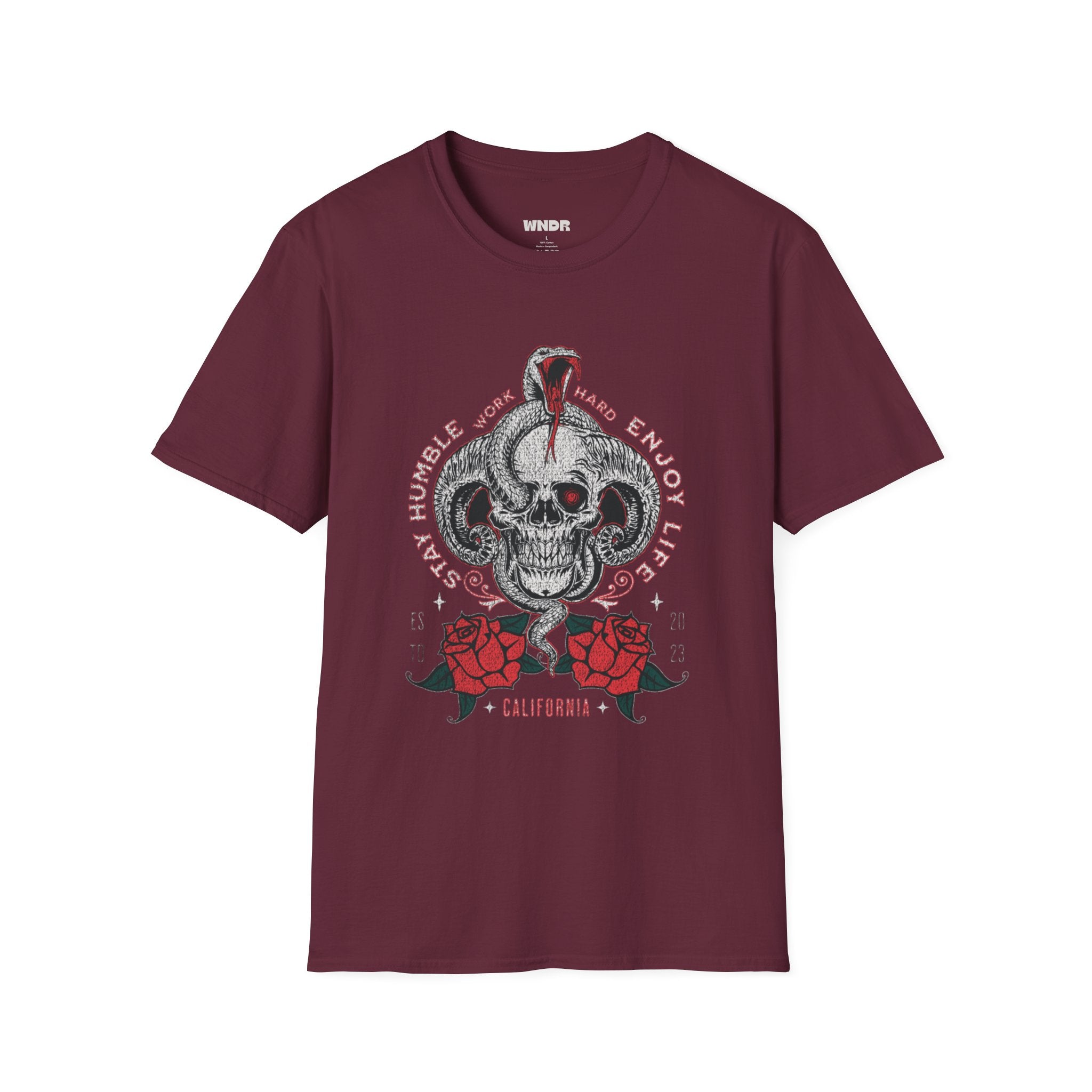 Skull and Cobra Illustration T-Shirt | Rose Accents, Vintage Tattoo Style