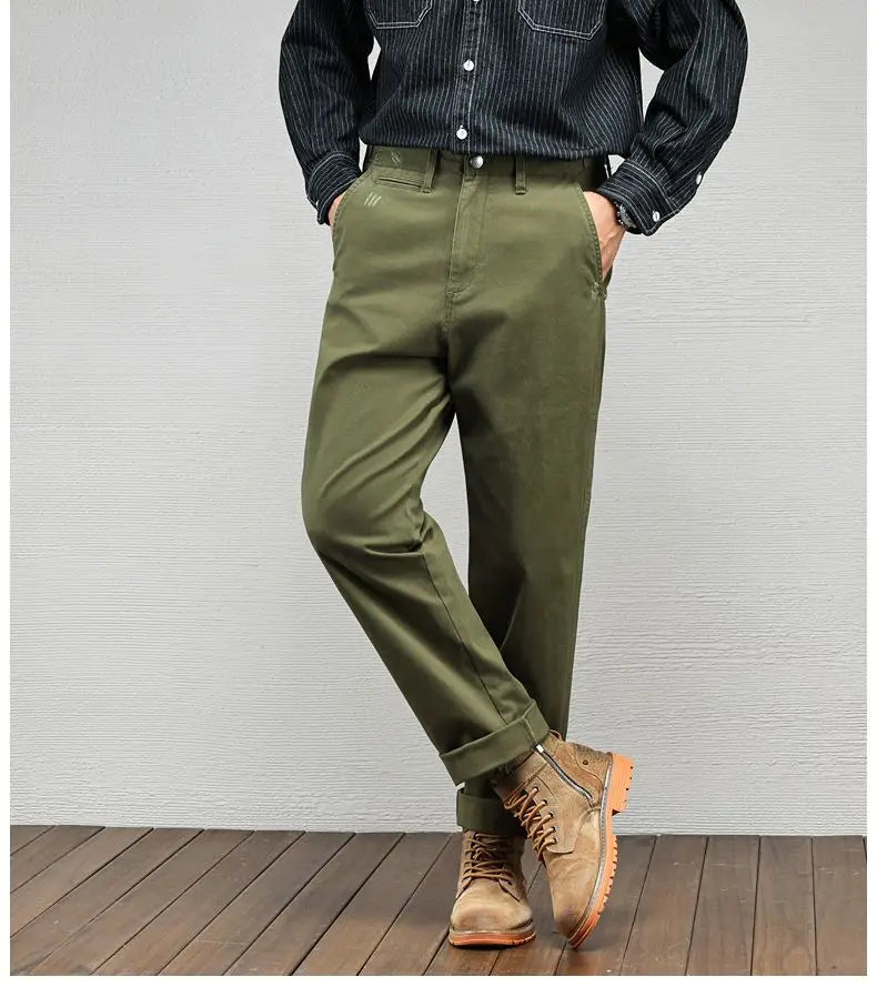 Men's Casual Cotton Pants Autumn Winter Loose Straight Leg High Elastici Bussiness Mid Waist American Retro Workwear Trousers