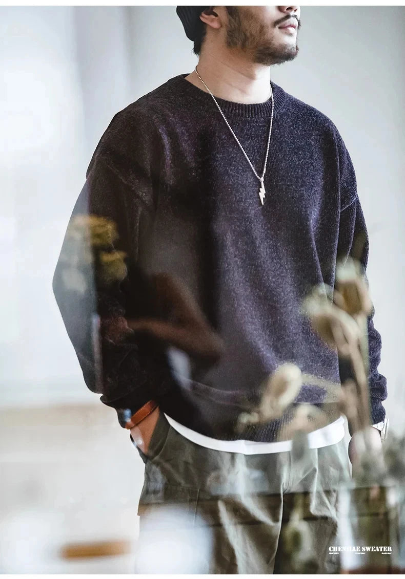 Maden Casual Chenille Round Neck Sweater for Men Warm Skin-friendly Beige Knitwear Autumn Winter Basic Solid Color Soft Sweater