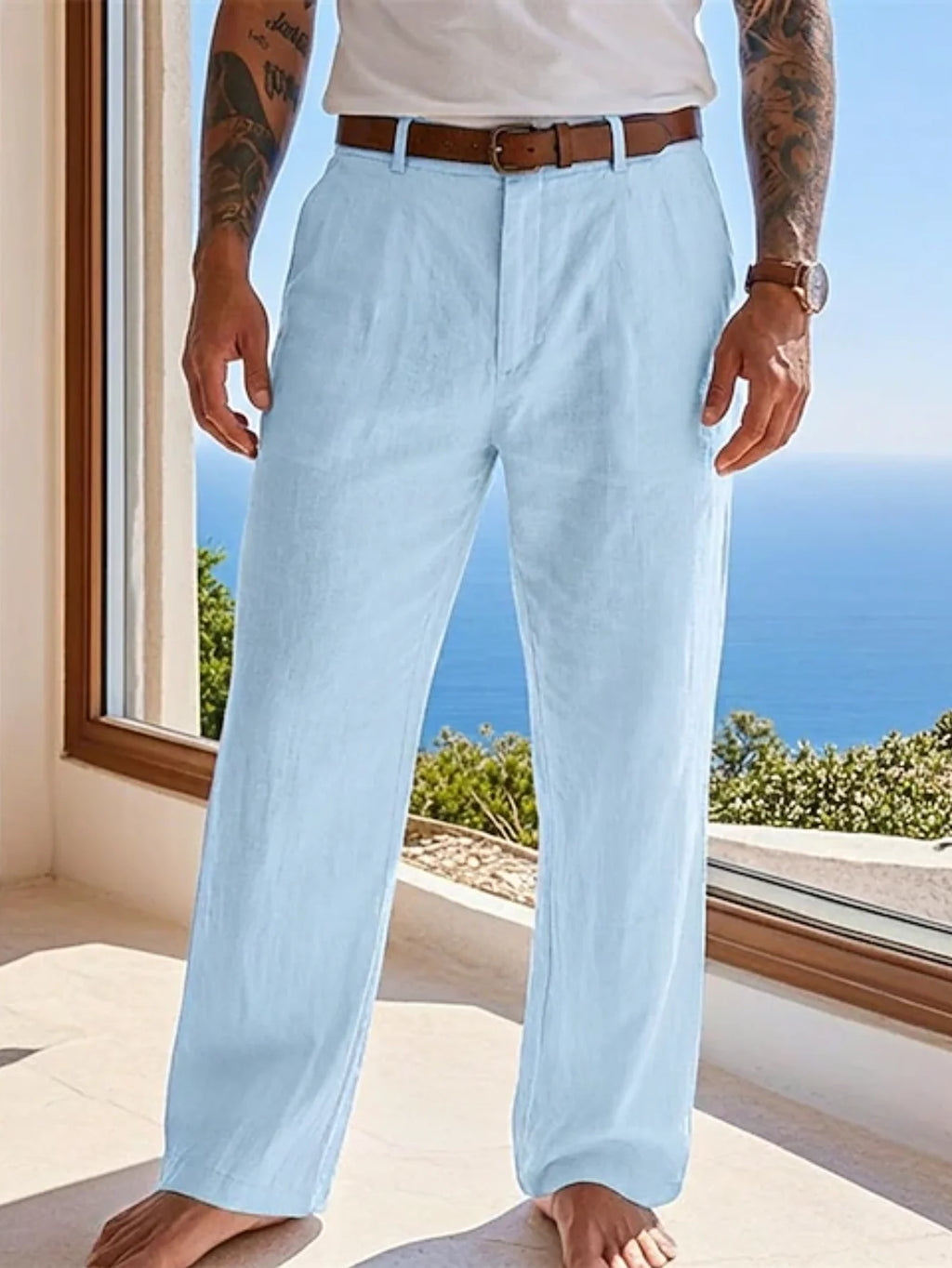 2025 summer men's cotton and linen oversized wide leg pants, men's artistic style elastic waist solid color casual loose pants