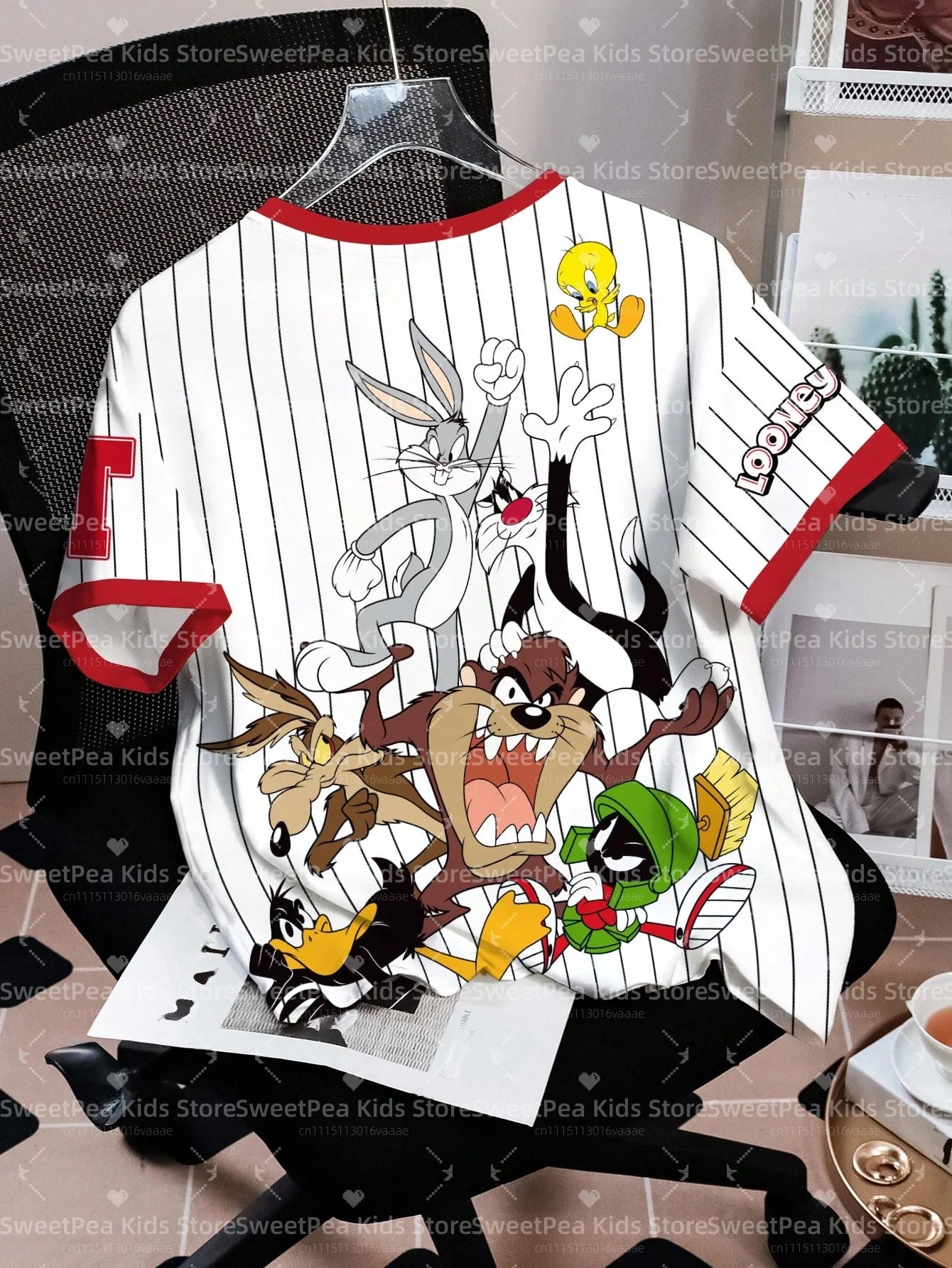 LOONEY TUNES Minimalist Casual Cartoon Design Pattern Print Summer Kids' T-shirt Round Neck Short Sleeve Pullover Loose T-shirt