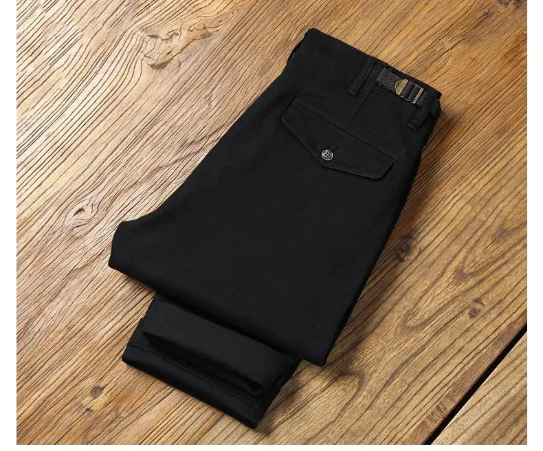 Men's Casual Cotton Pants Autumn Winter Loose Straight Leg High Elastici Bussiness Mid Waist American Retro Workwear Trousers