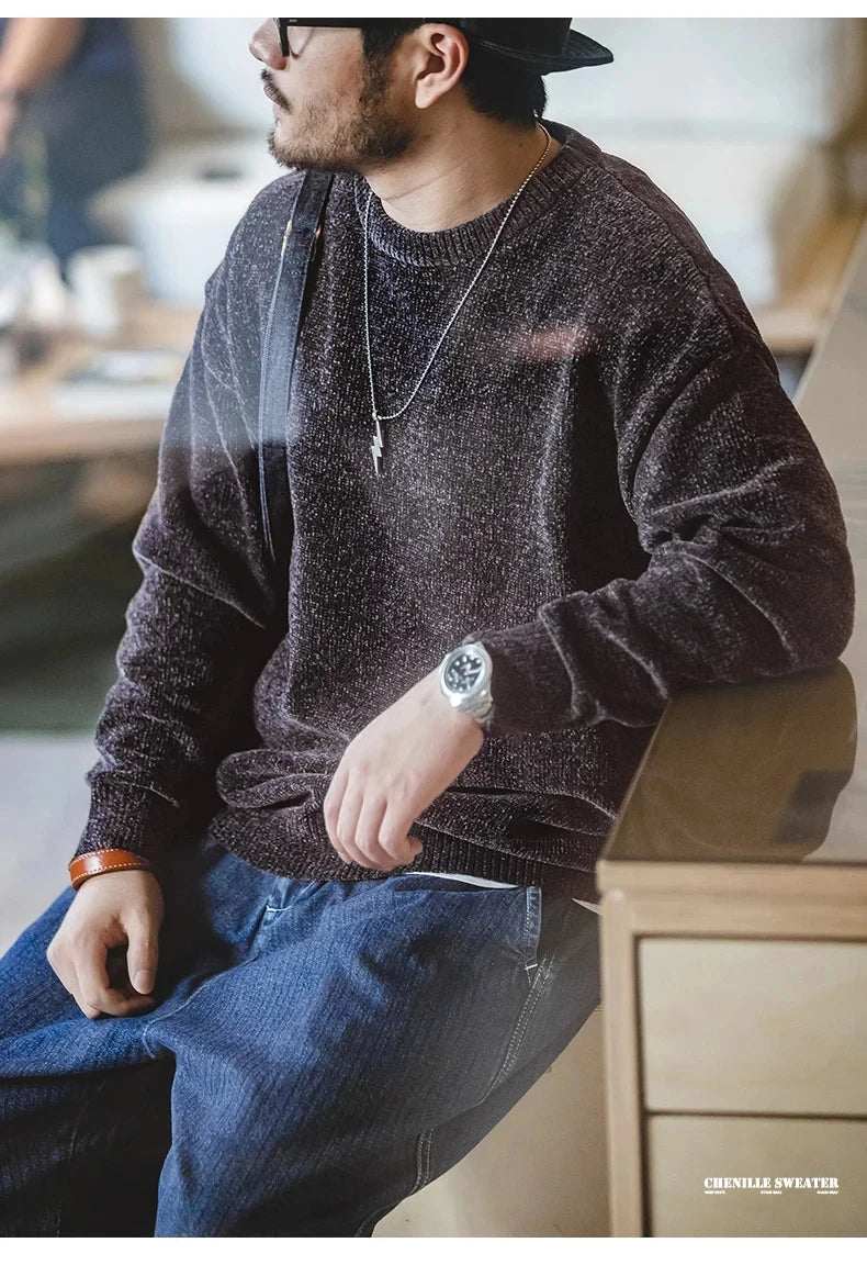 Maden Casual Chenille Round Neck Sweater for Men Warm Skin-friendly Beige Knitwear Autumn Winter Basic Solid Color Soft Sweater