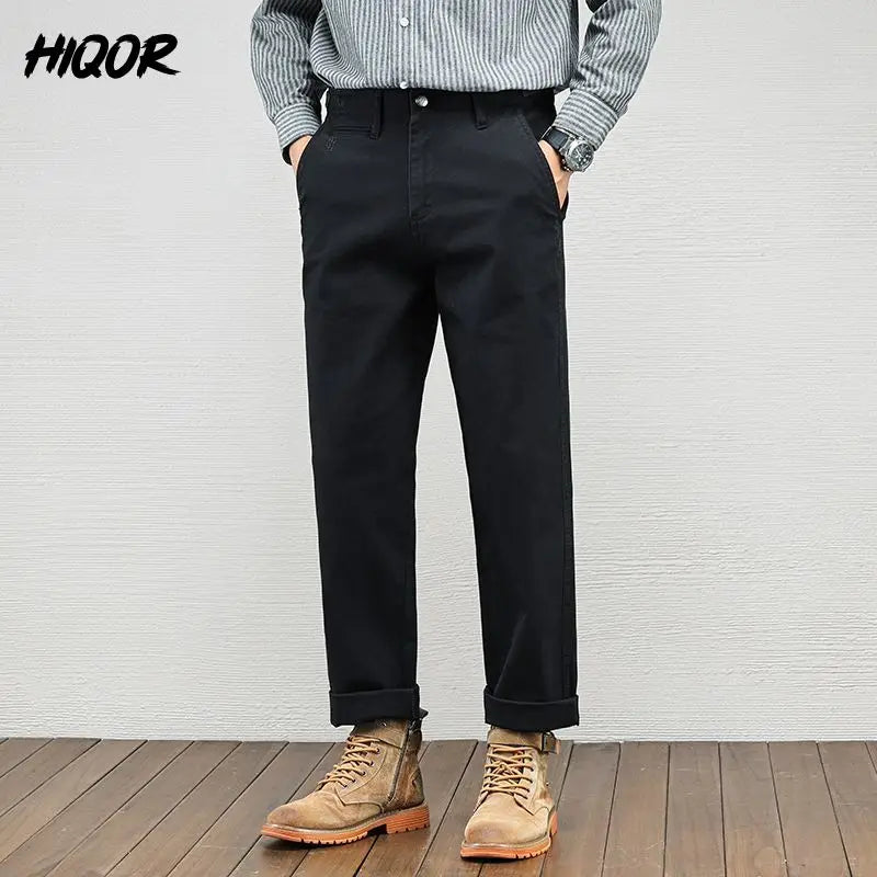 Men's Casual Cotton Pants Autumn Winter Loose Straight Leg High Elastici Bussiness Mid Waist American Retro Workwear Trousers