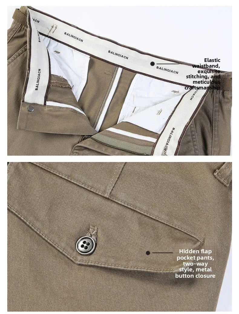 Men's Casual Cotton Pants Autumn Winter Loose Straight Leg High Elastici Bussiness Mid Waist American Retro Workwear Trousers