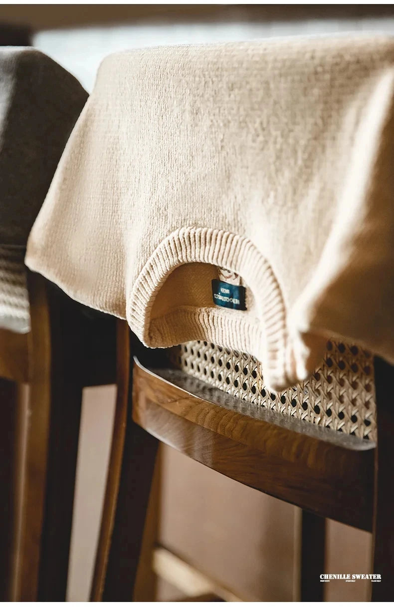Maden Casual Chenille Round Neck Sweater for Men Warm Skin-friendly Beige Knitwear Autumn Winter Basic Solid Color Soft Sweater