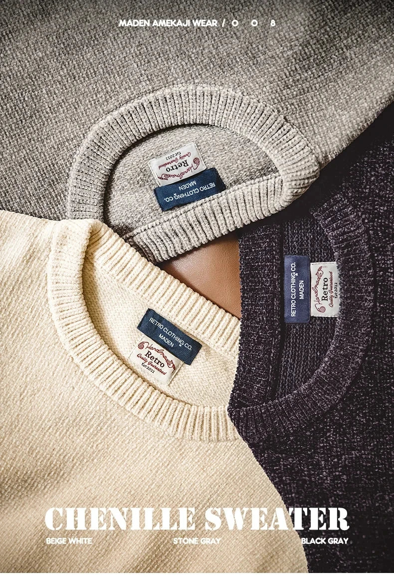 Maden Casual Chenille Round Neck Sweater for Men Warm Skin-friendly Beige Knitwear Autumn Winter Basic Solid Color Soft Sweater