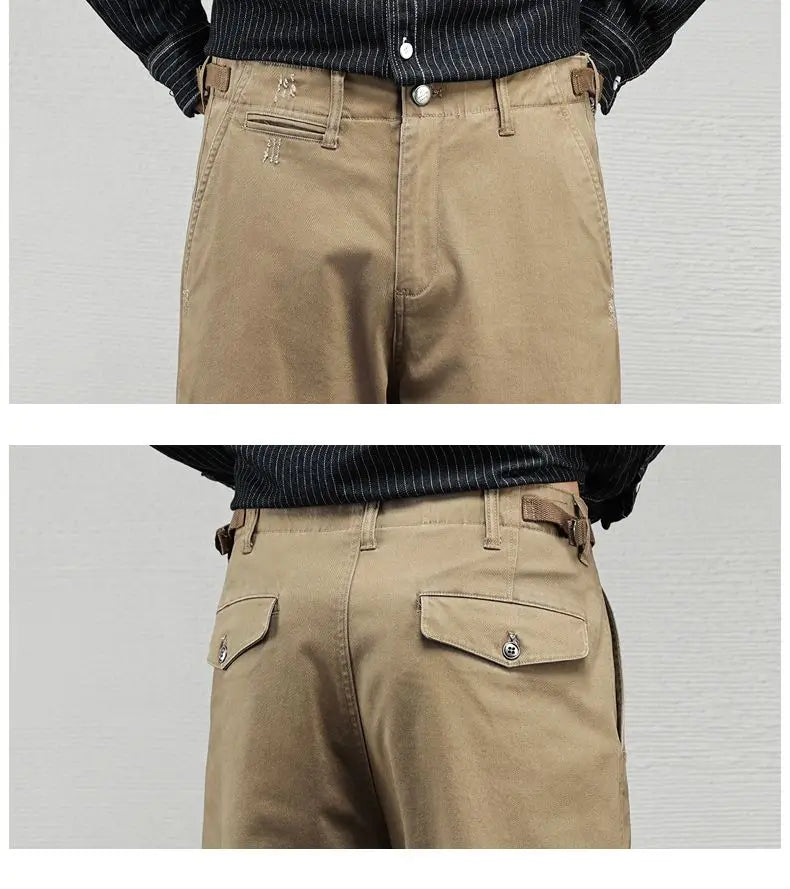 Men's Casual Cotton Pants Autumn Winter Loose Straight Leg High Elastici Bussiness Mid Waist American Retro Workwear Trousers