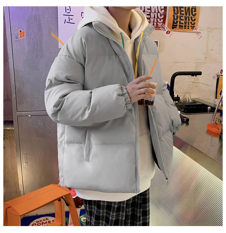 Streetwear Harajuku Warm Men's Winter Coat Solid Color Casual Parka Stand Collar Fashion Oversize Women's Winter Jacket
