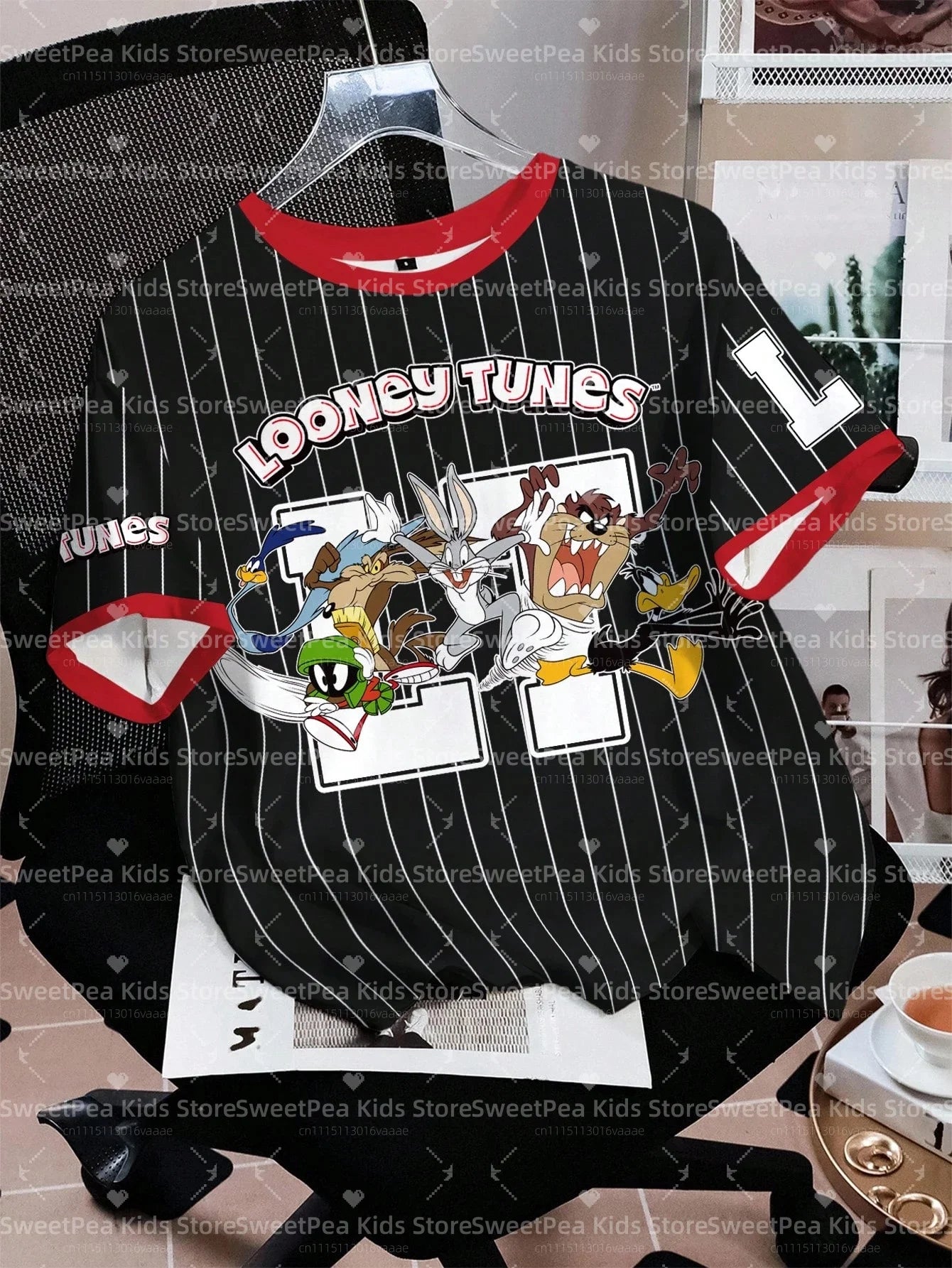 LOONEY TUNES Minimalist Casual Cartoon Design Pattern Print Summer Kids' T-shirt Round Neck Short Sleeve Pullover Loose T-shirt
