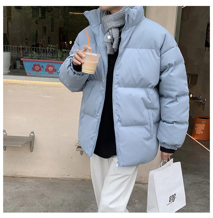 Streetwear Harajuku Warm Men's Winter Coat Solid Color Casual Parka Stand Collar Fashion Oversize Women's Winter Jacket