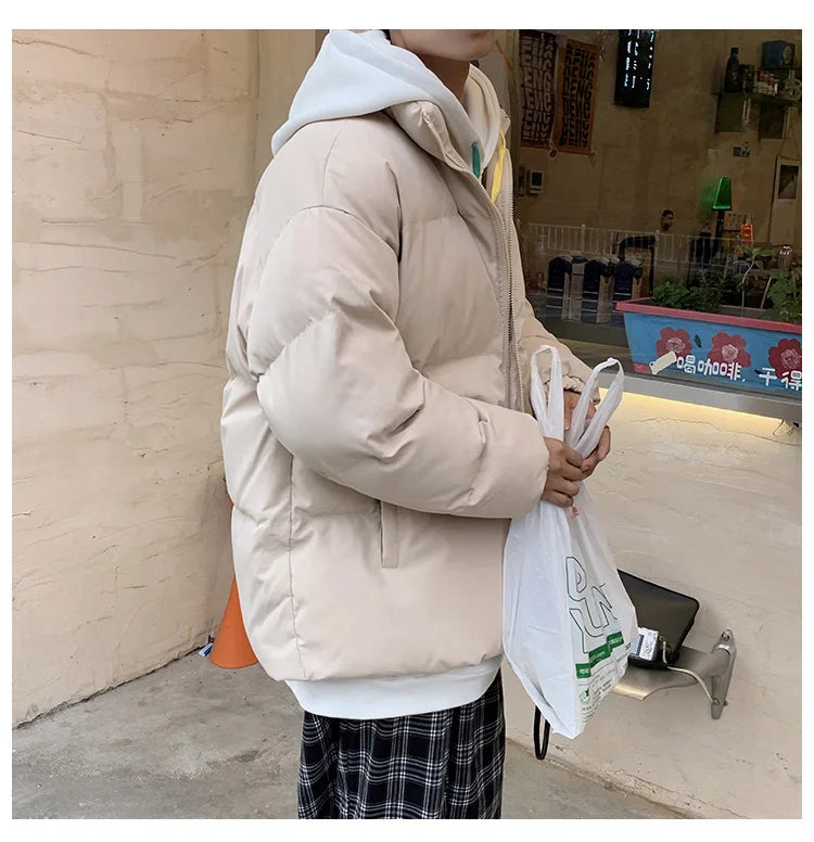 Streetwear Harajuku Warm Men's Winter Coat Solid Color Casual Parka Stand Collar Fashion Oversize Women's Winter Jacket