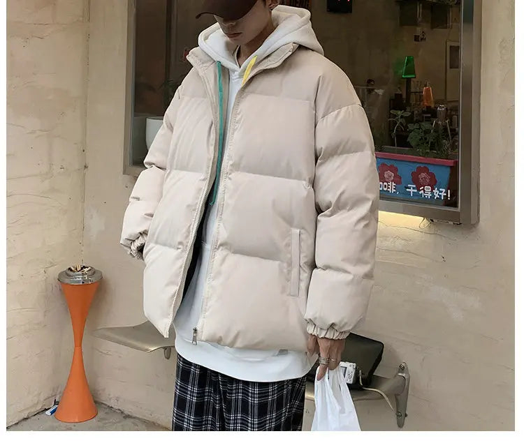 Streetwear Harajuku Warm Men's Winter Coat Solid Color Casual Parka Stand Collar Fashion Oversize Women's Winter Jacket