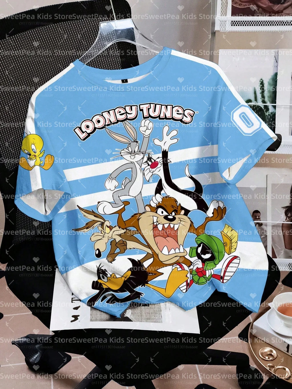 LOONEY TUNES Minimalist Casual Cartoon Design Pattern Print Summer Kids' T-shirt Round Neck Short Sleeve Pullover Loose T-shirt